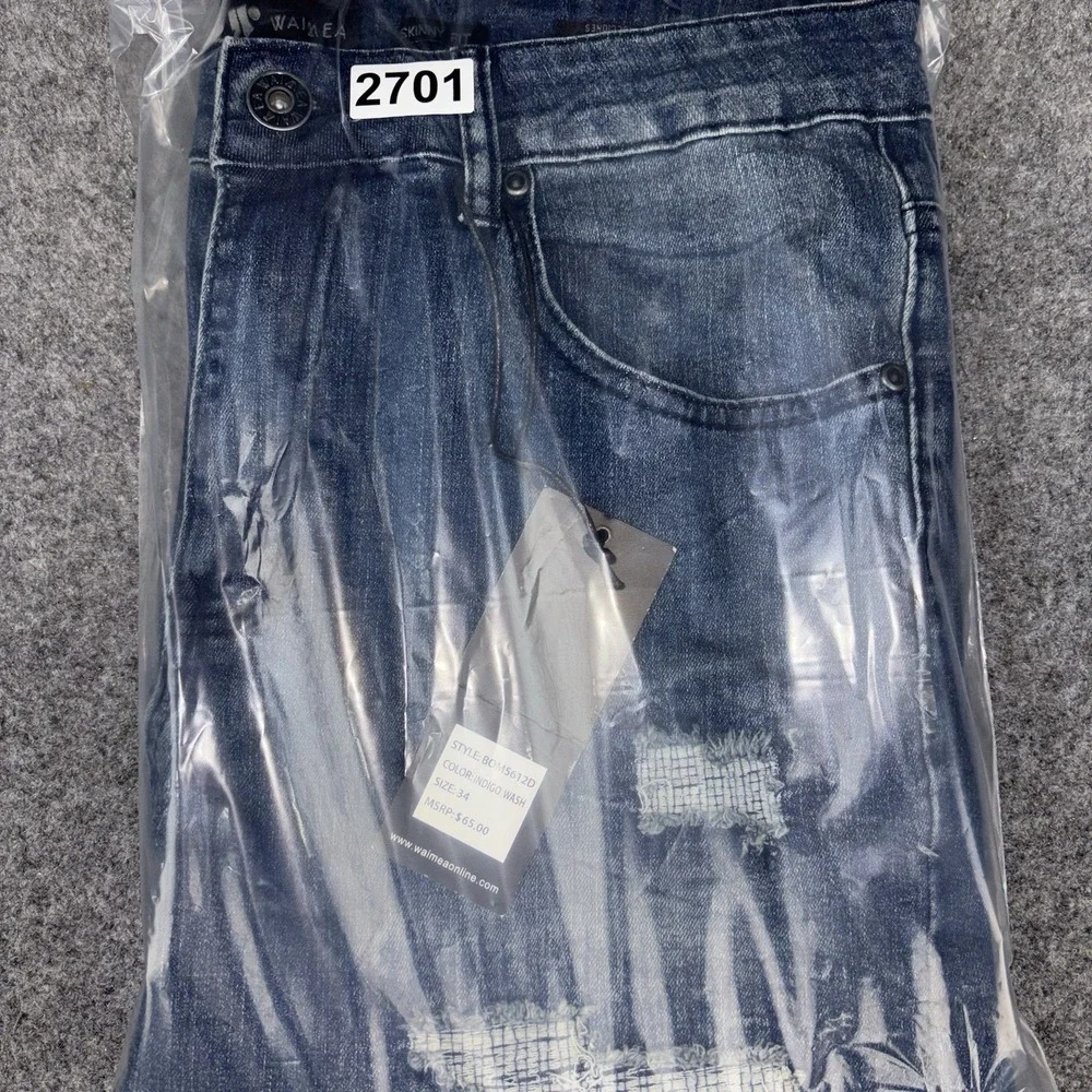 Waimea Jeans Mens 34x32 Skinny Fit Distressed Ripped Stretch Indigo Blue Denim